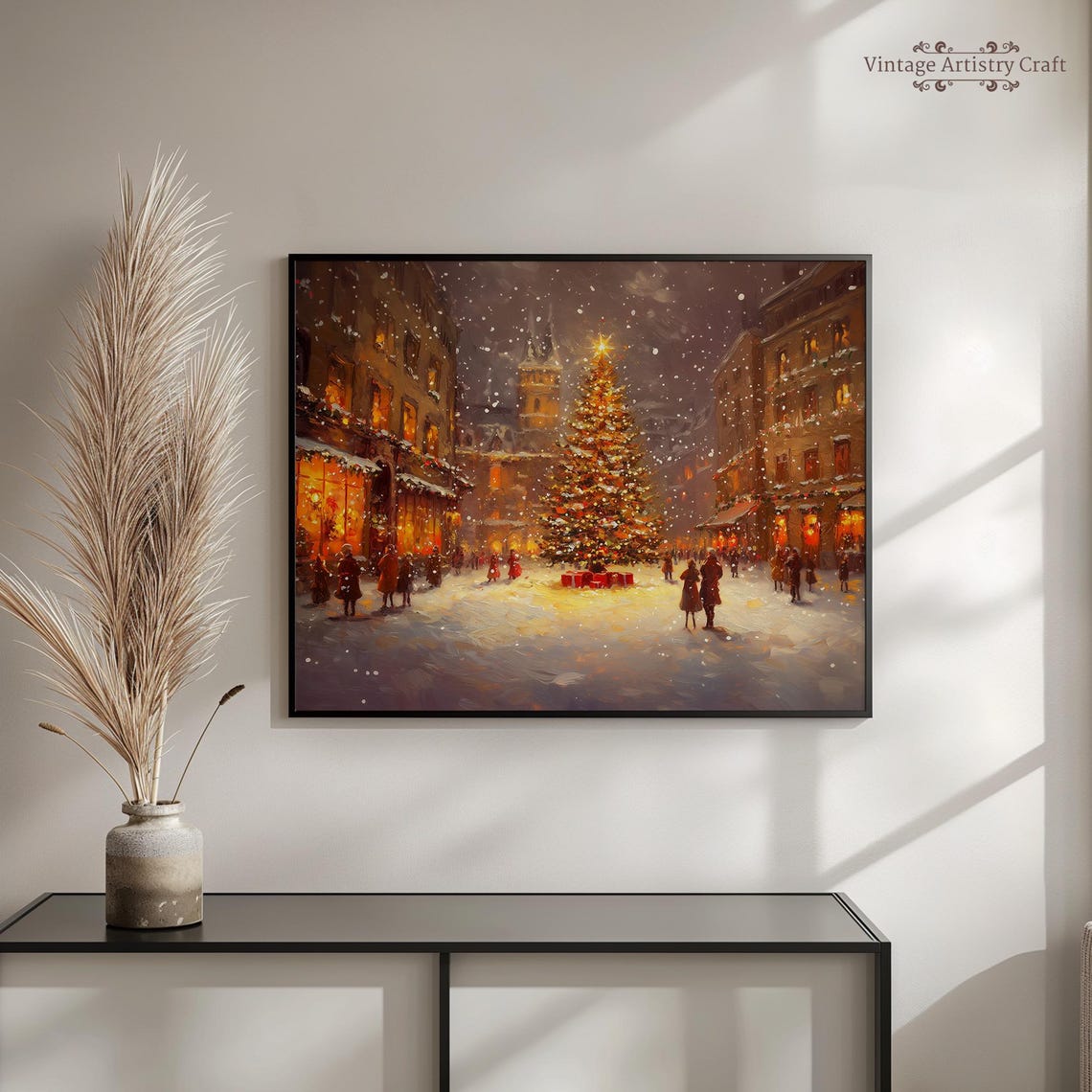 Snowy Christmas Town Square Tree Starry Night Cozy Village Poster - Image 3