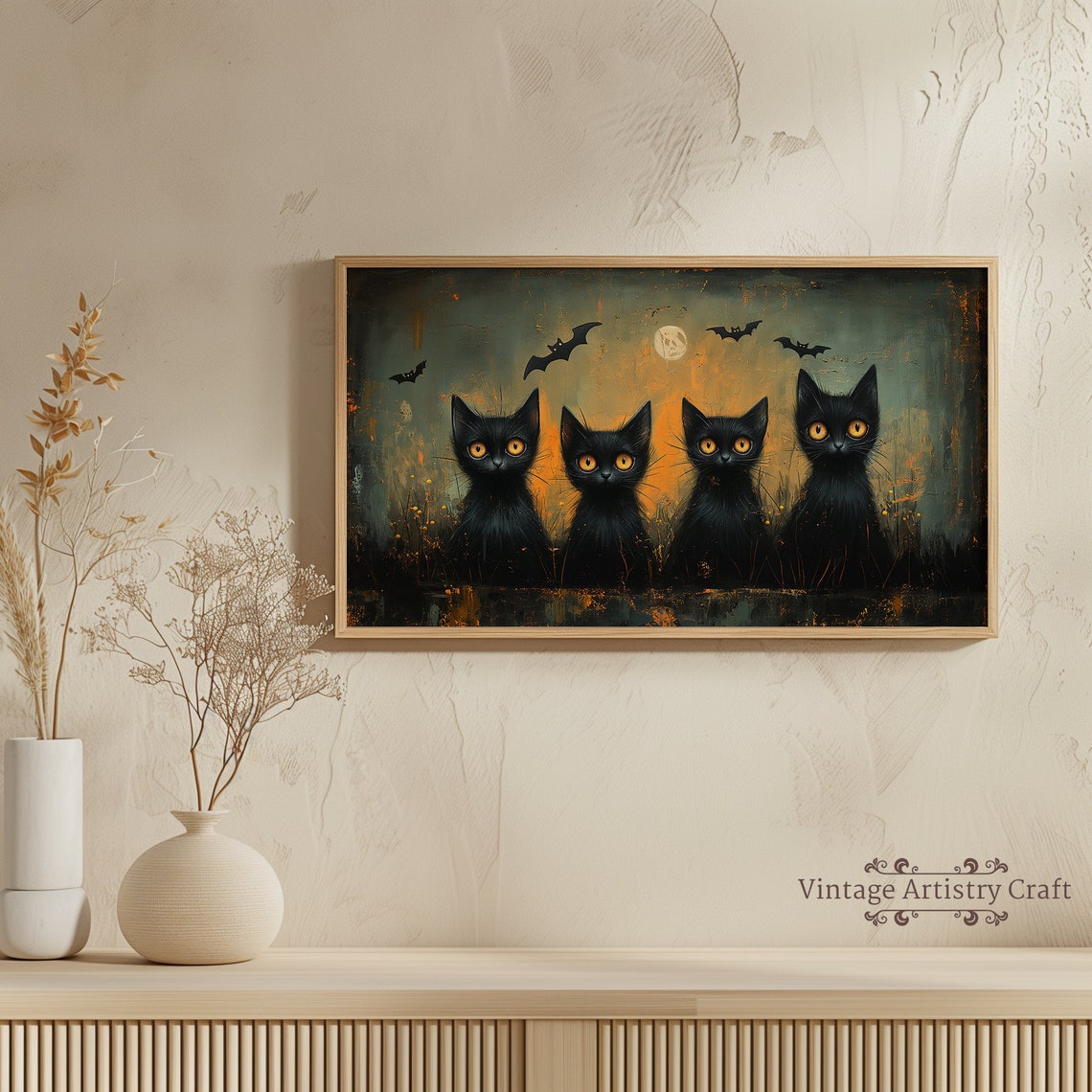 Four Black Cats Golden Eyes Bats Moon Spooky Halloween Poster - Image 3