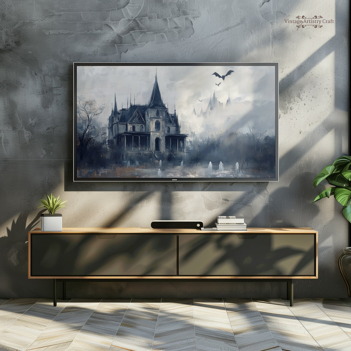 Misty Blue Grey Haunted Mansion Ghosts Bats Eerie Manor Poster - Image 3