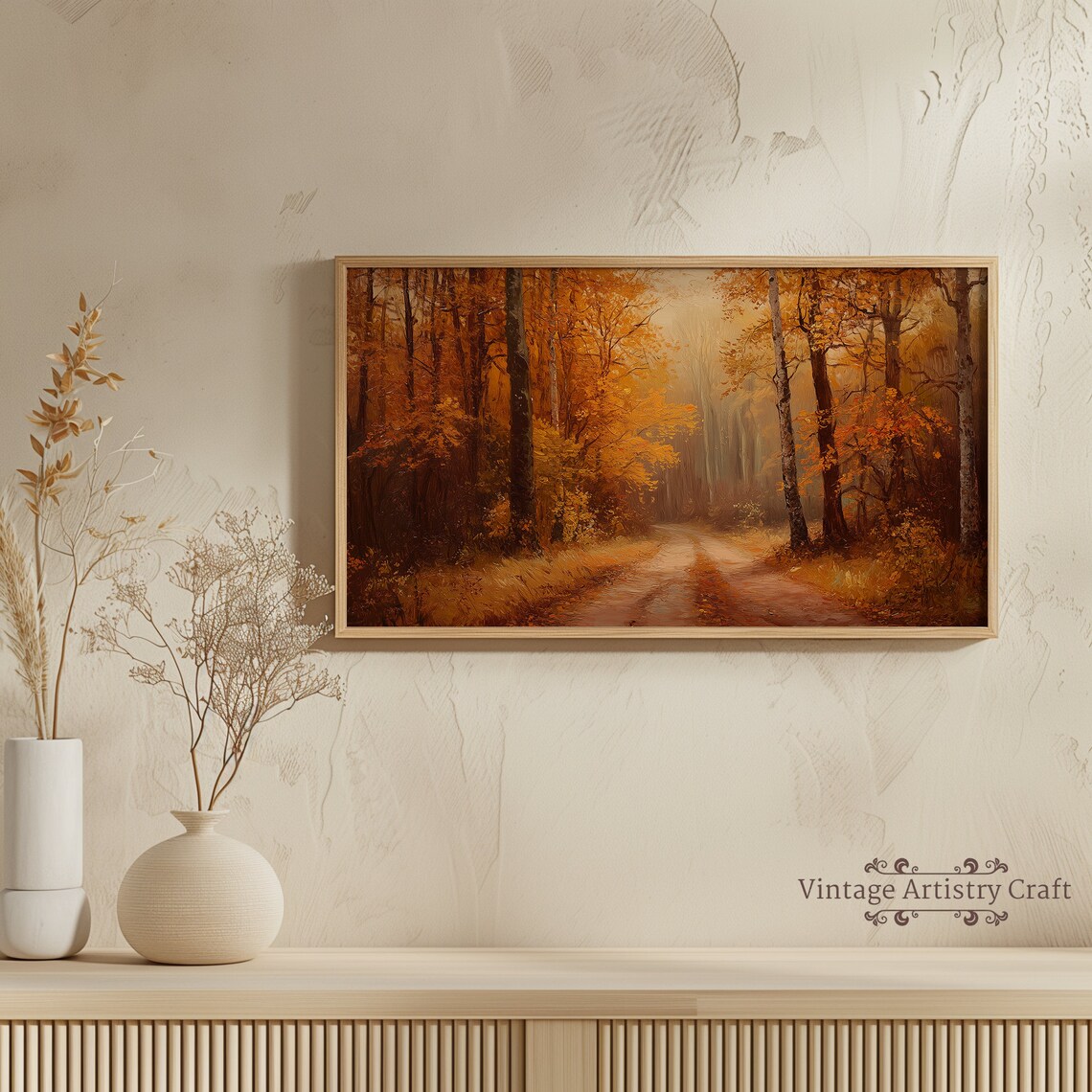 Golden Autumn Forest Path Misty Morning Vintage Oil Painting Poster - Image 5