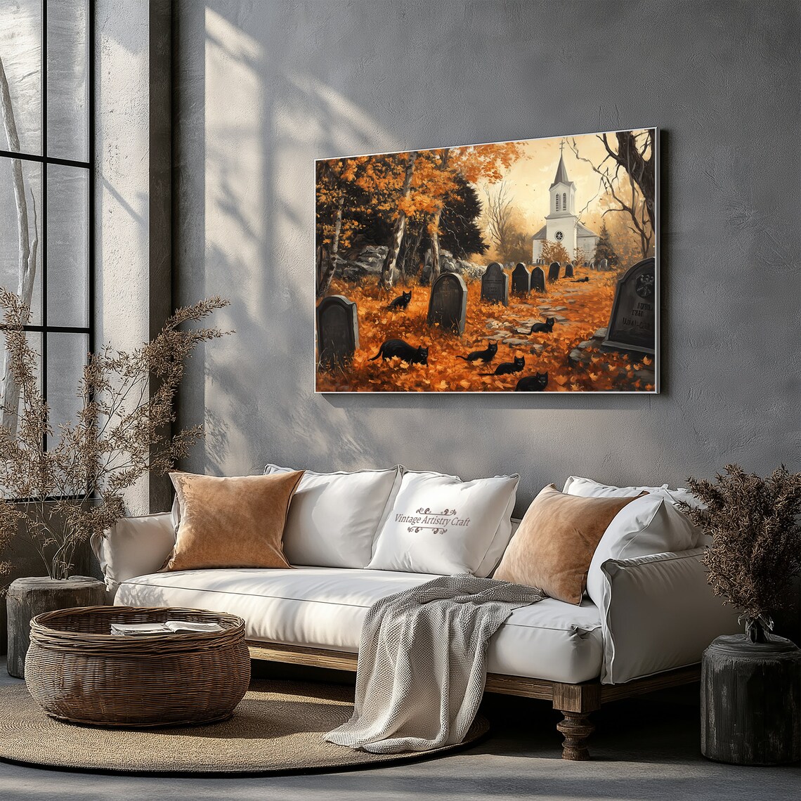 Spooky Black Cats Autumn Graveyard Halloween Vintage Painting Poster - Image 3