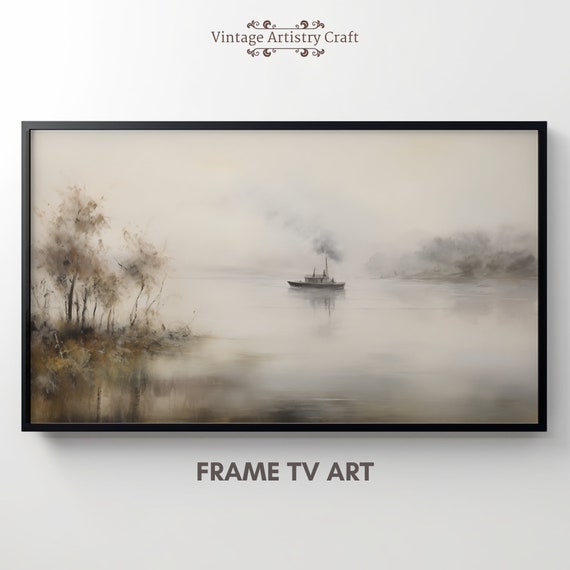 Frame Tv Art Muted Tonal River Boat Painting Vintage Neutral Watercolor Ship Over Mist Art Instant