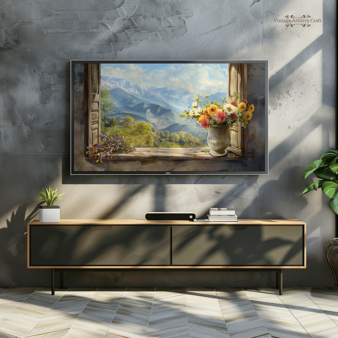 Mountain View Through Open Window Vase of Flowers Rustic Poster - Image 3