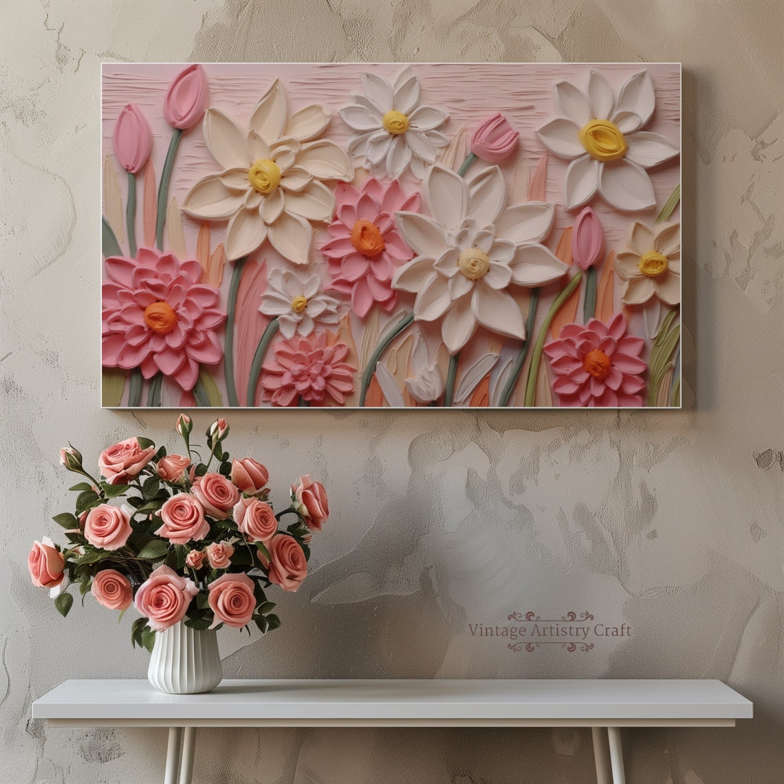 Pink Spring Bloom Impasto Textured Floral Oil Painting Poster - Image 5