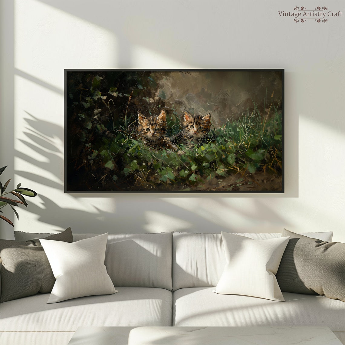 Two Tabby Kittens Peeking Through Grass Vintage Oil Painting Poster - Image 3