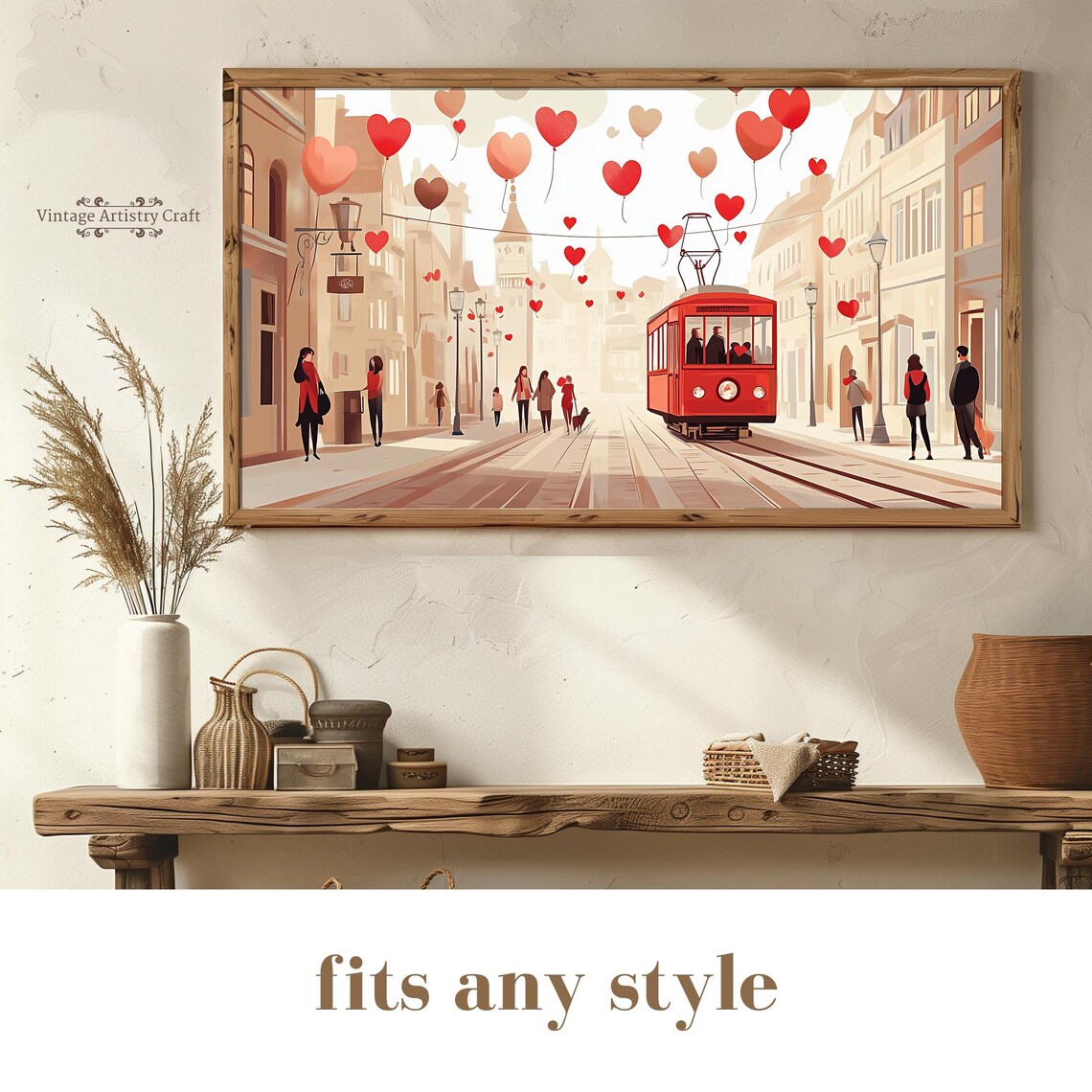Heart Balloons European Street Tram Romantic Valentine Scene Poster - Image 8