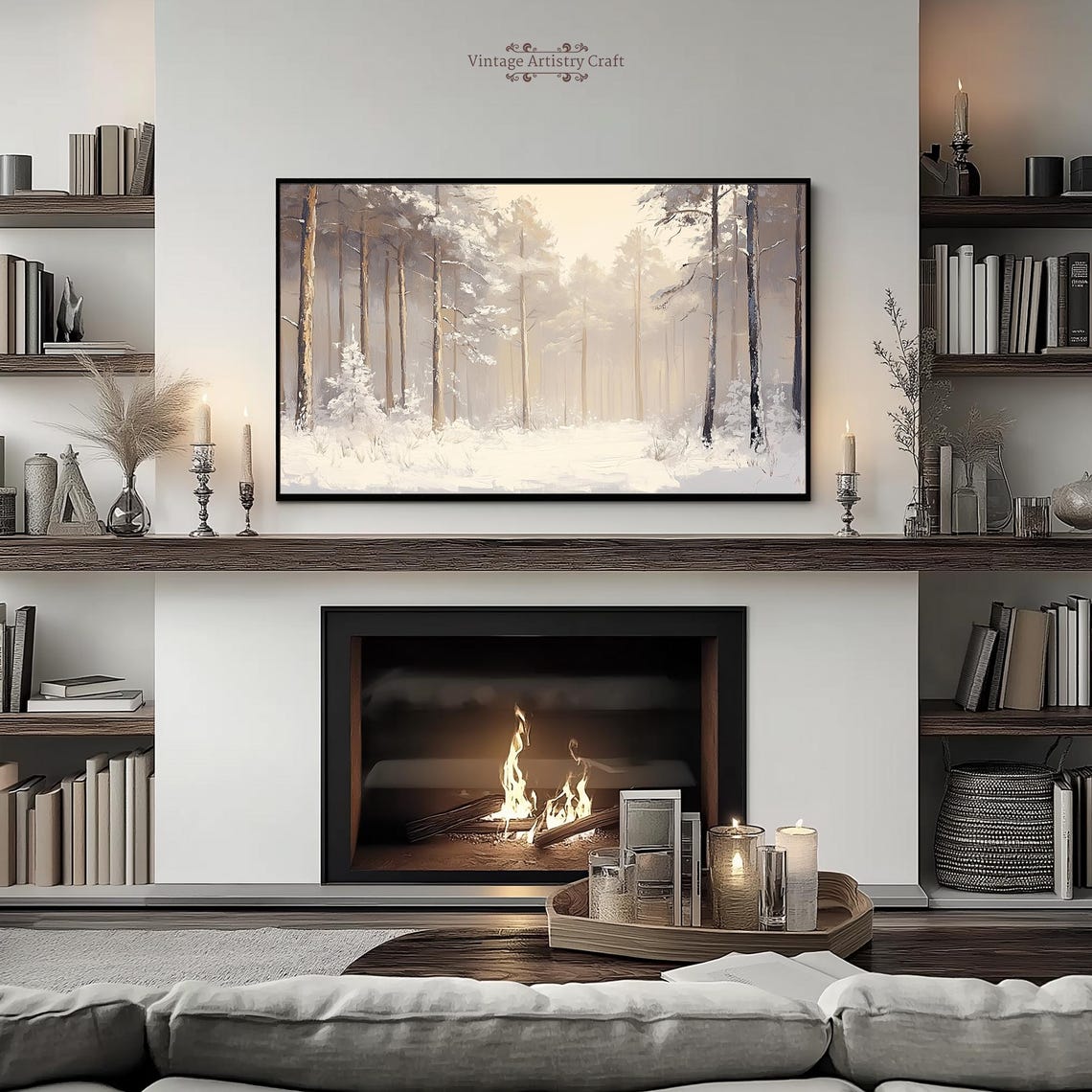 Misty Beige Snowy Pine Forest Calm Winter Wonderland Painting Poster - Image 3
