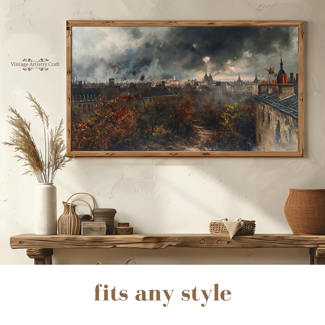 Muted European Rooftops Storm Clouds Vintage Cityscape Oil Poster - Image 3