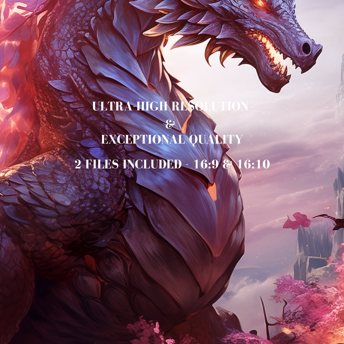 Majestic Fire Dragon Cherry Blossom Fantasy Digital Wallpaper Wall Art - Image 6