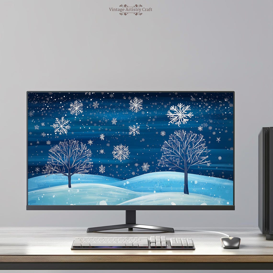 Snowy Winter Night Blue Snowflakes Starry Trees Desktop Art Poster - Image 3
