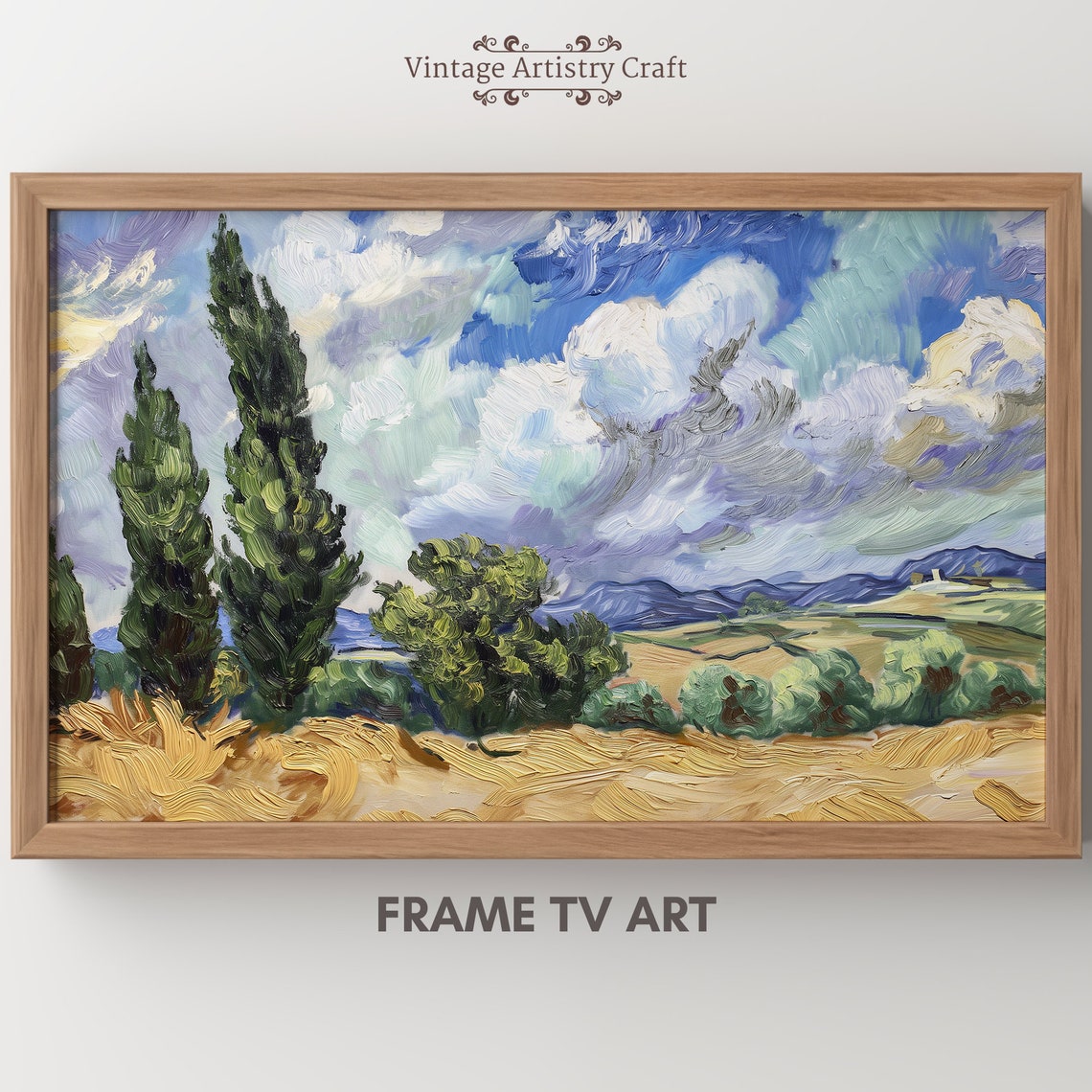 Cypress Trees Golden Wheat Field Van Gogh Style Swirling Sky Poster