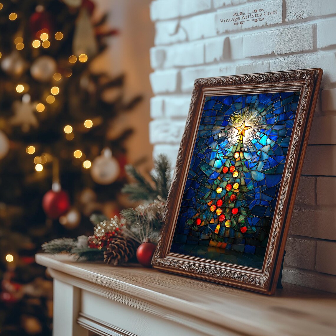 Stained Glass Mosaic Christmas Tree Blue Star Holiday Poster - Image 7