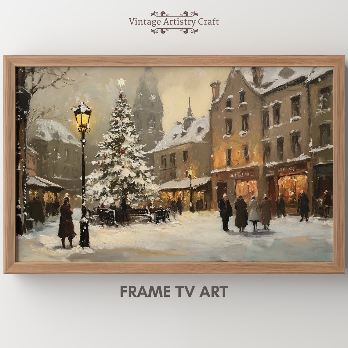 Frame Tv Art Street Christmas Town Warm Moody Winter Vintage Oil Painting Farmhouse Christmas Tv Decor 4k