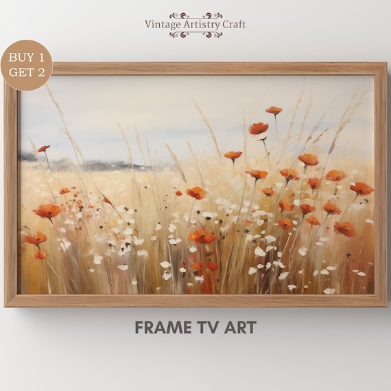 Orange Poppy Wheat Field Wildflower Golden Meadow Vintage Poster