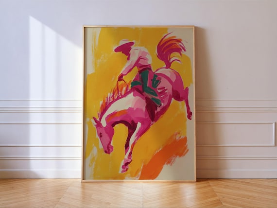 Bucking Bronco Art Print Bold Pink Western Cowboy Wall Decor