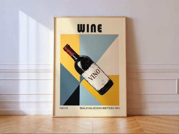 Bauhaus Wine Wall Art Print Mid Century Geometric Bottle Poster Retro Bar Decor