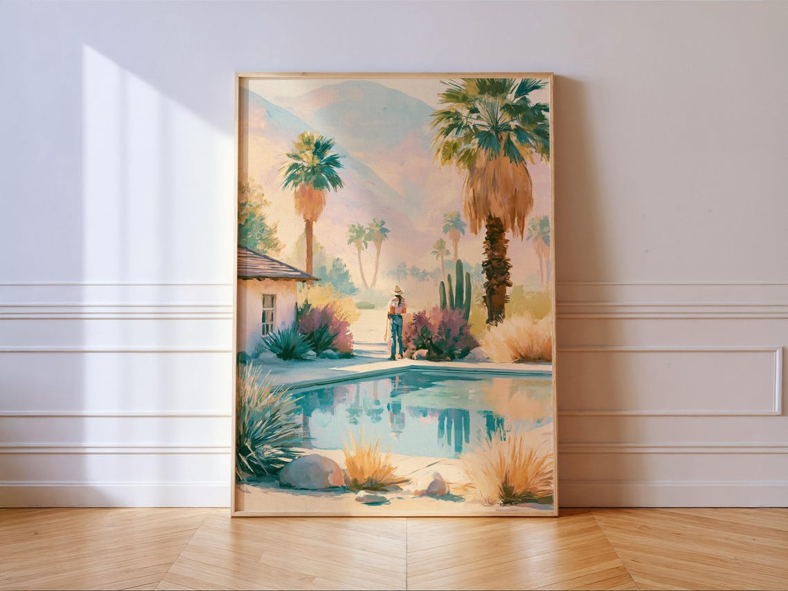 Palm Springs Desert Pool Palm Trees Vintage Travel Style Art Poster