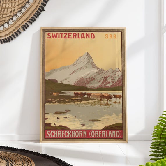 Vintage Swiss Alps Travel Poster Schreckhorn Oberland Art Print