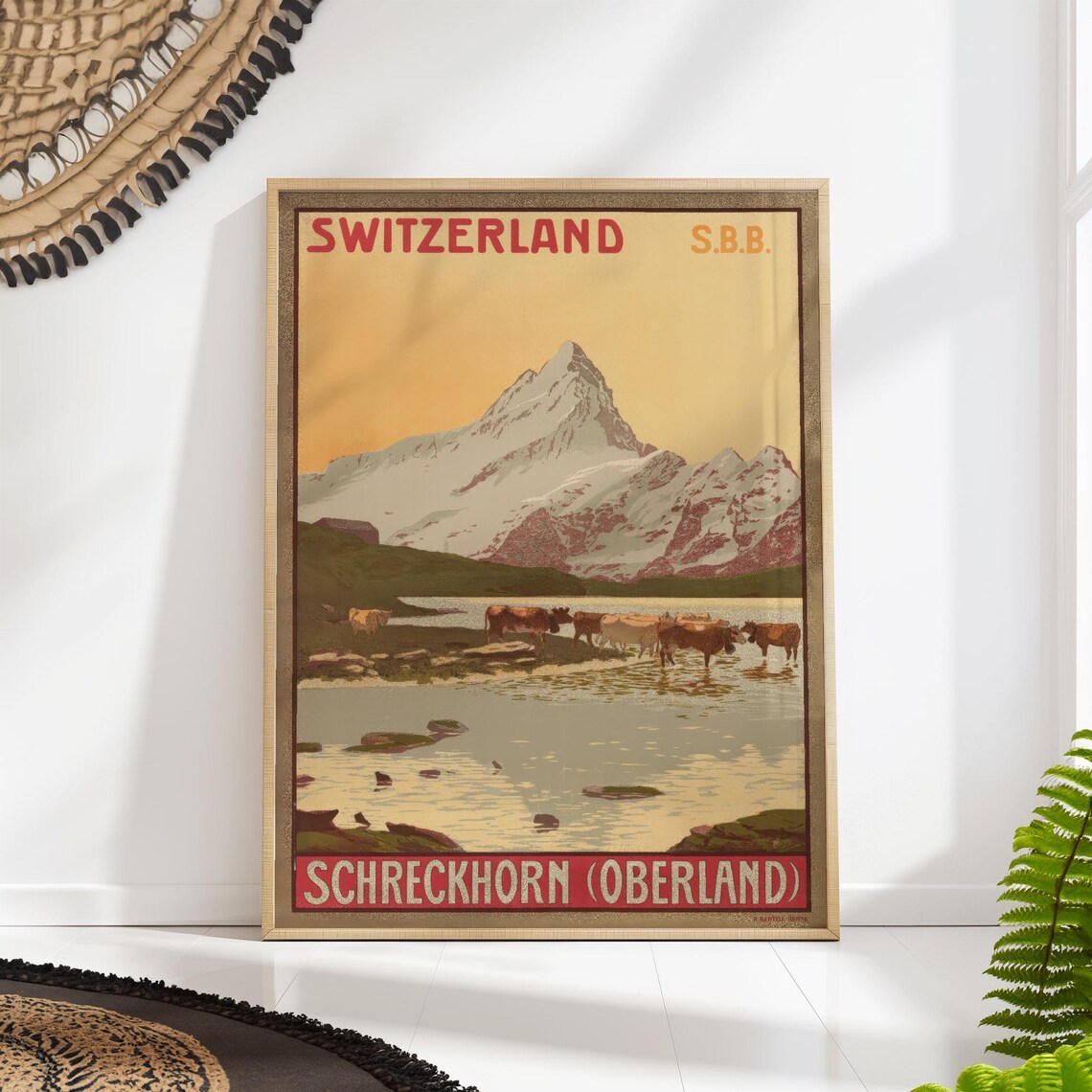 Switzerland Schreckhorn Oberland Vintage Swiss Alps Travel Poster