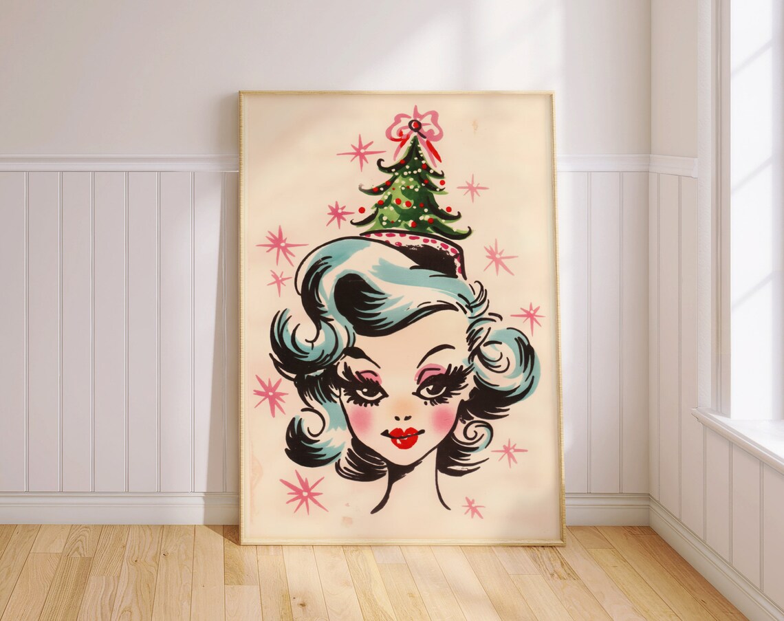 Retro Christmas Pinup Girl Art Print, Vintage Holiday
