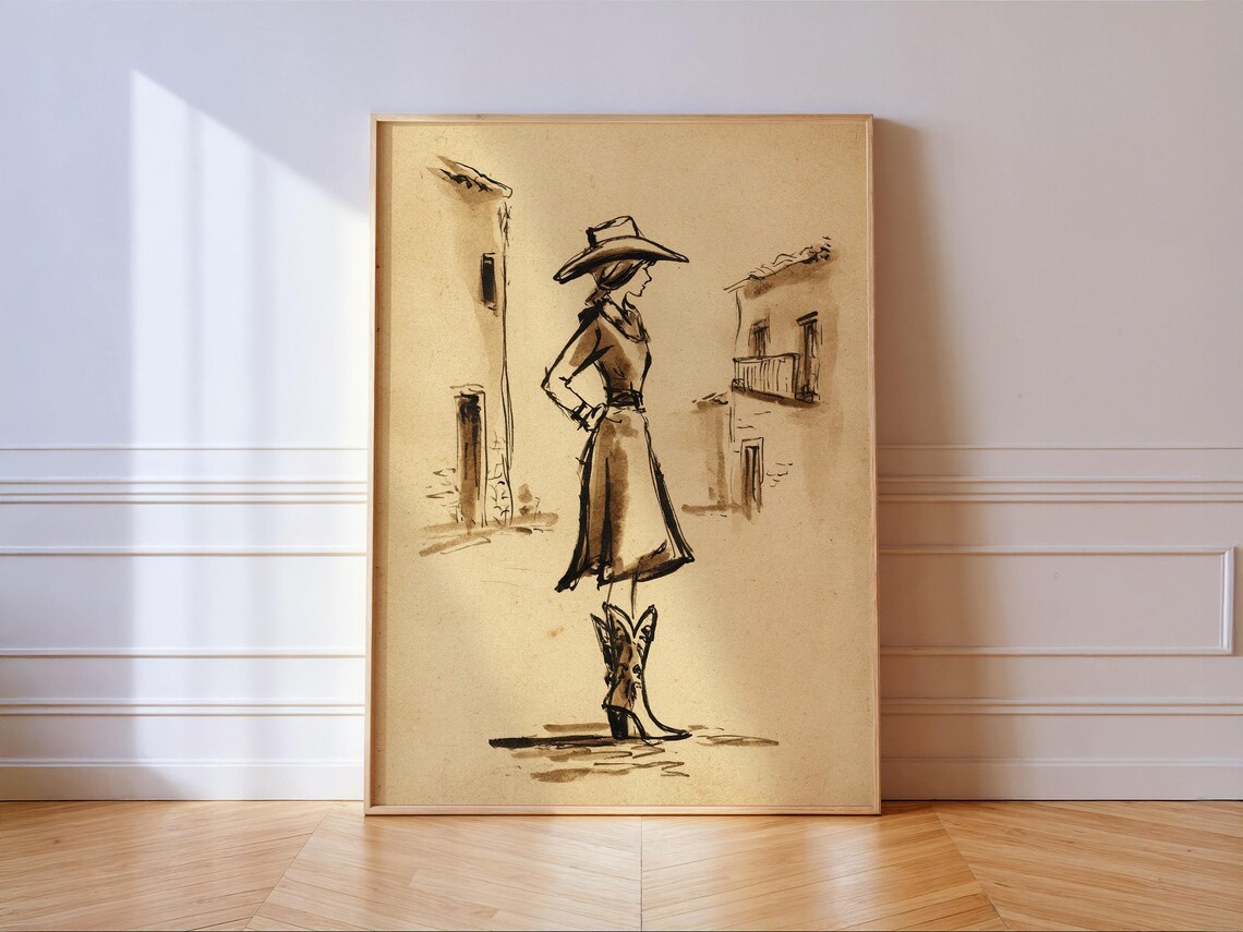 Cowgirl In Cowboy Hat Sepia Ink Sketch Western Street Fashion Poster