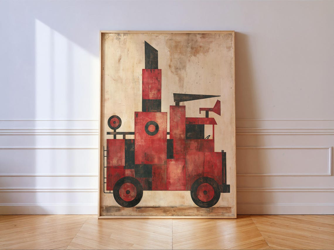 Vintage Red Cubist Fire Truck Abstract Kids Nursery Wall Art