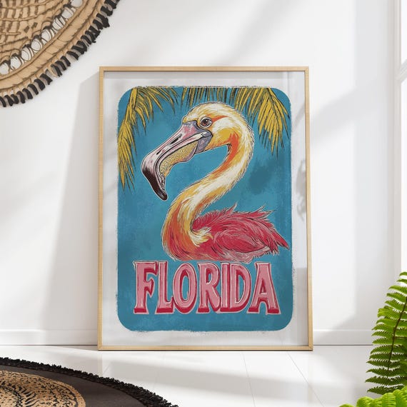 Florida Flamingo Art Print Retro Tropical Poster Vibrant Wall Decor