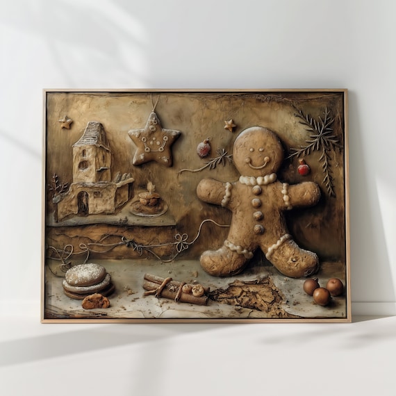 Vintage Gingerbread Man Christmas Art Print, Rustic Holiday Decor