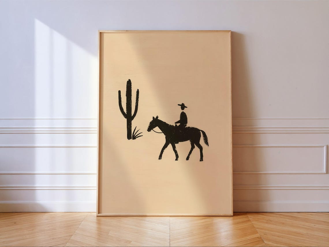 Boho Cowboy On Horseback Desert Cactus Minimalist Western Poster