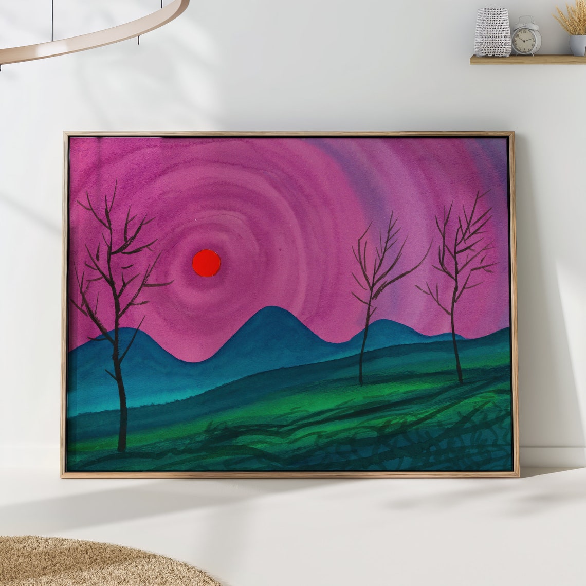 Surreal Purple Sunset Mountain Landscape Red Sun Bare Trees Art Print