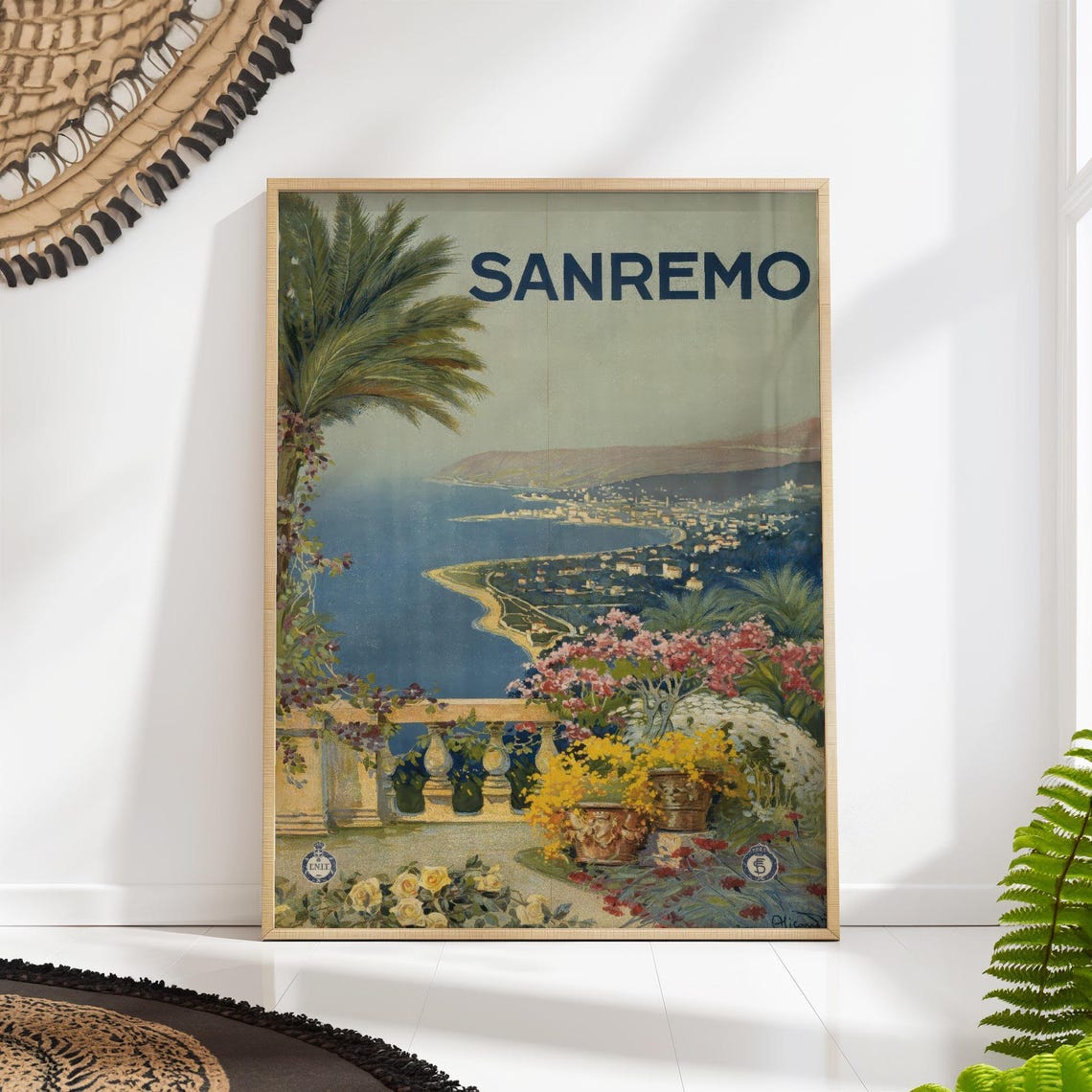 Sanremo Vintage Italian Riviera Coast Floral Balcony Travel Poster