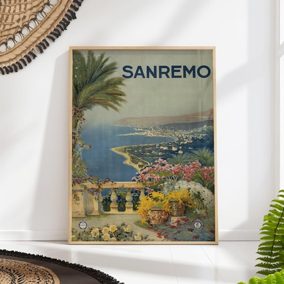 San Remo Travel Poster Vintage Italian Wall Art Coastal Landscape Print Mediterranean Decor Retro Europe