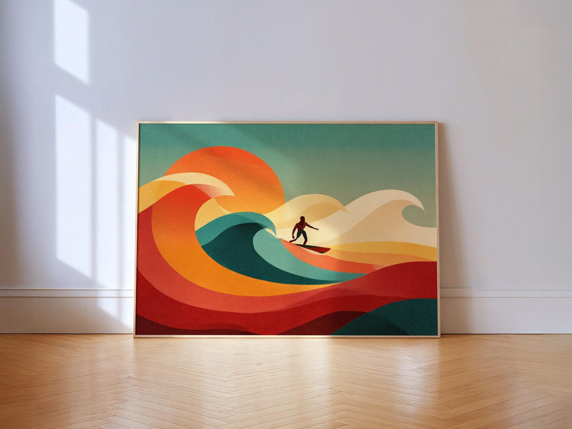 Surf Wall Art Midcentury Retro Sunset Wave Colorful Print
