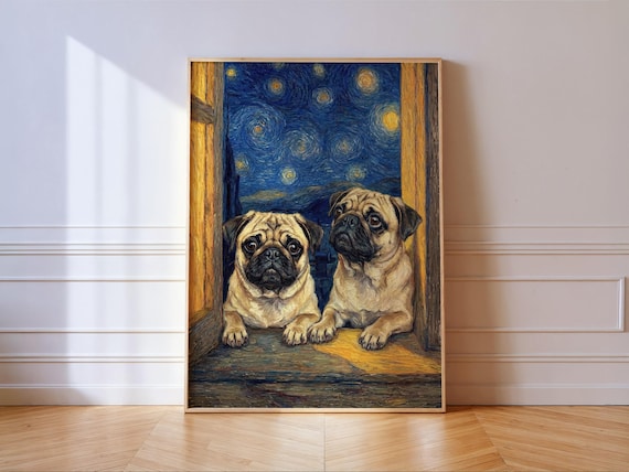 Pug Starry Night Impressionist Dog Portrait