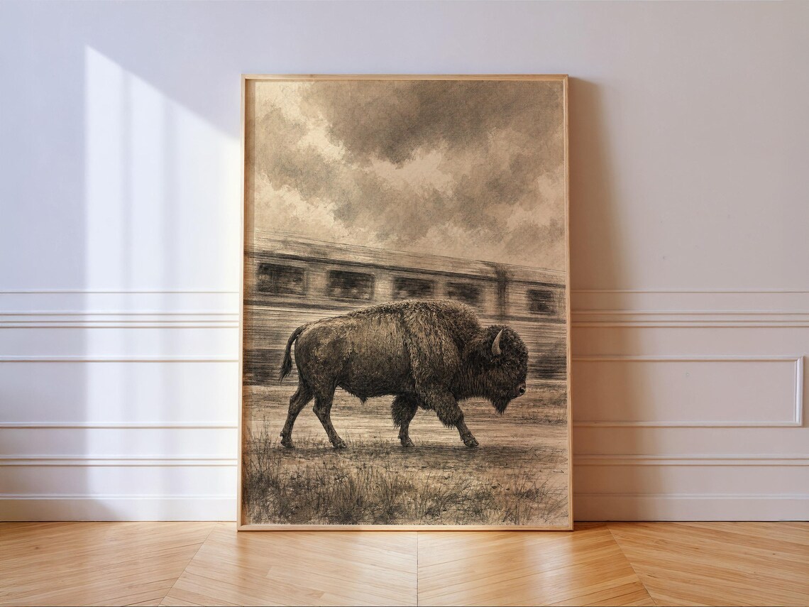 Bison Walking Past a Passing Train Sepia Vintage Western Wildlife Poster