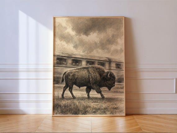 Bison Walking Past A Passing Train Sepia Vintage Western Wall Art