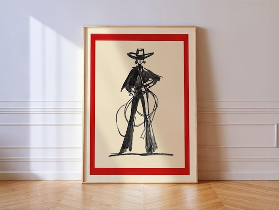 Cowgirl Line Art Print Minimalist Western Ranch Decor