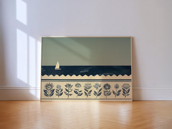 Sailboat Floral Folk Art Calm Coastal Nautical Wall Decor Poster