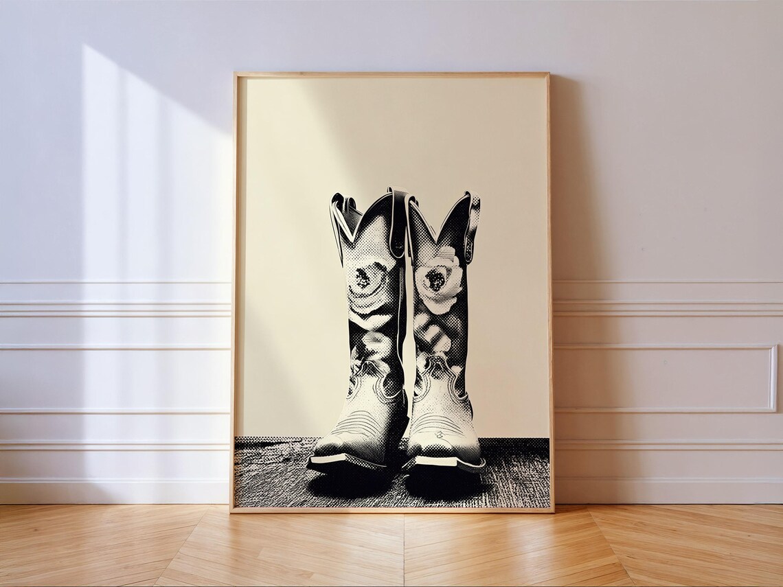 Vintage Black And White Cowgirl Boots Halftone Western Wall Art