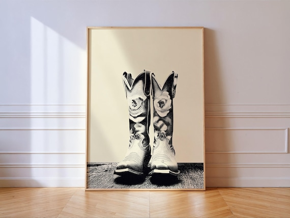 Vintage Black And White Cowgirl Boots Halftone Western Wall Art