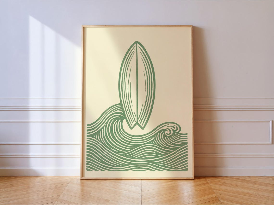 Sage Green Surfboard Linocut Waves Minimal Coastal Art Poster