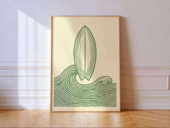 Sage Green Surfboard Linocut Print Minimal Coastal Art
