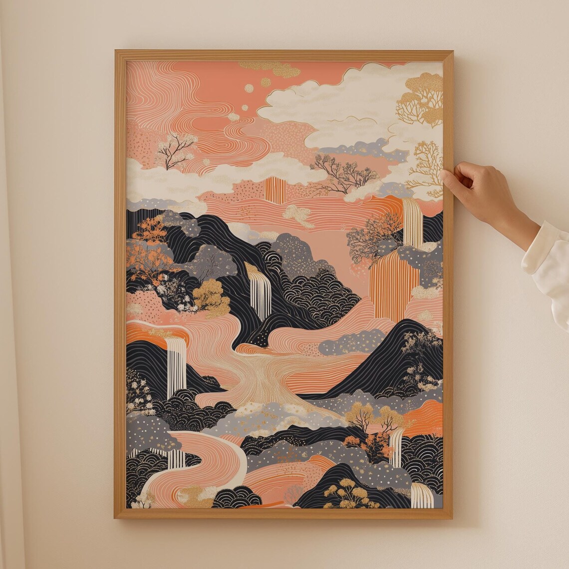 Japanese Coral Waterfall Mountain Landscape Gold Japandi Art Poster