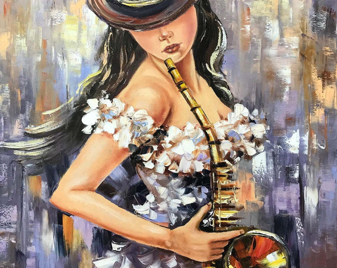Jazz Painting Original Sax Player Wall Art Girl In Hat Painting Music Fan Gift Musician Artwork 24x36 Modern Saxophone Woman Oil Painting - Image 3