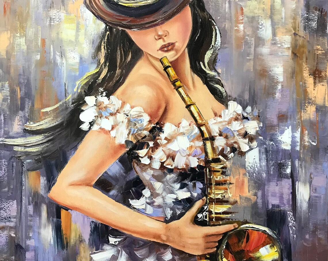 Woman In Hat Playing Saxophone White Floral Dress Jazz Music Poster - Image 3