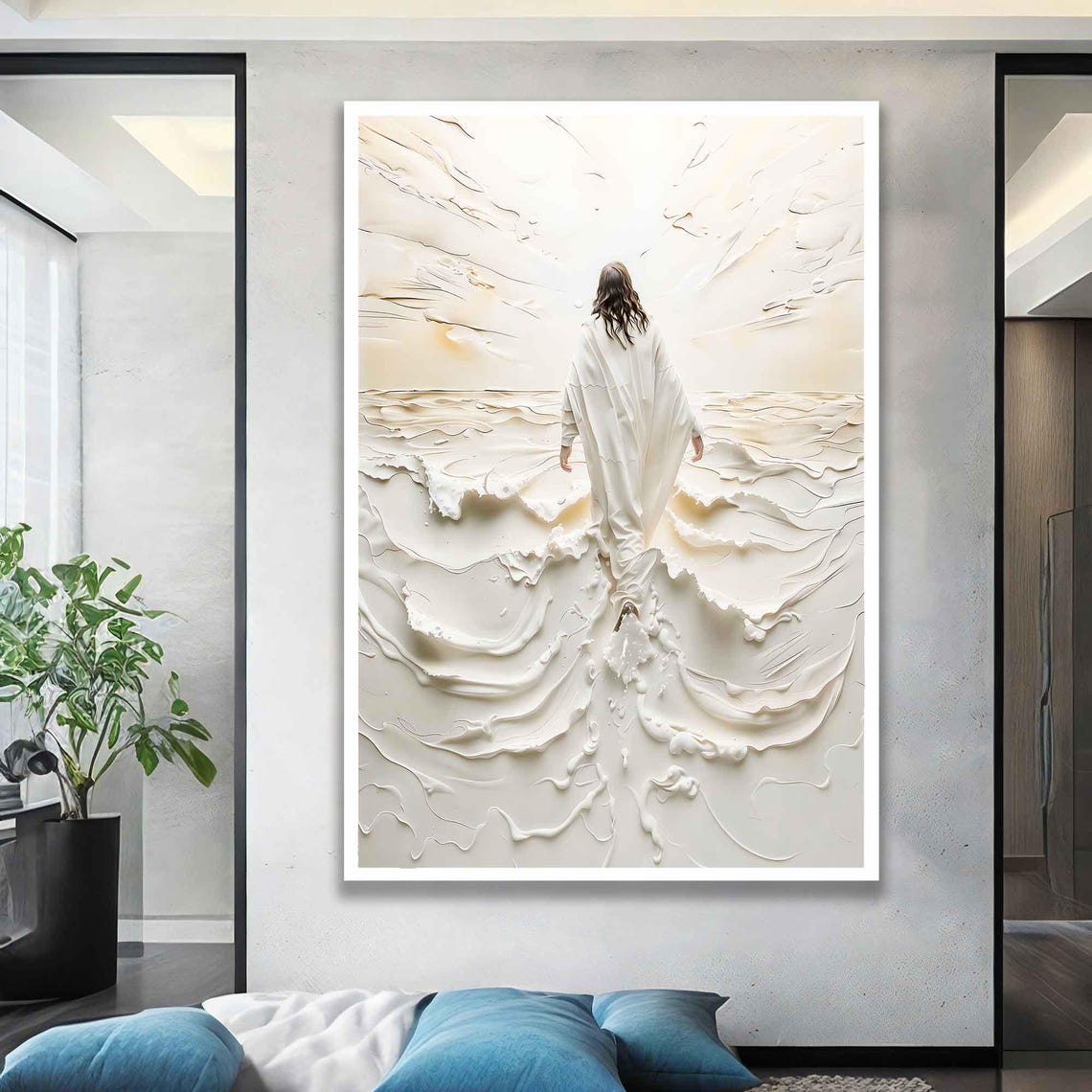 Jesus Walking On Water White 3D Relief Peaceful Waves Spiritual Print - Image 4