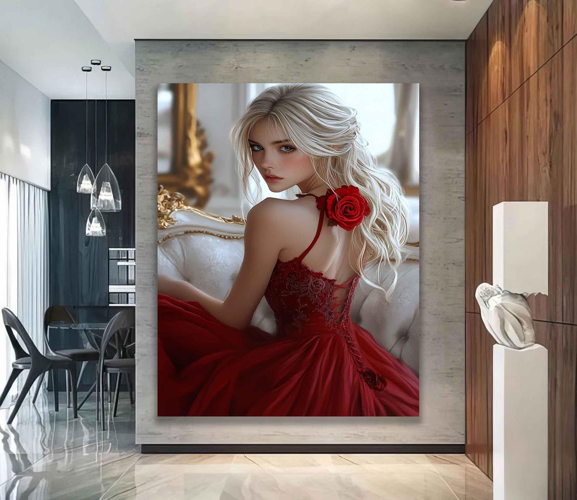 Blonde Beautiful Girl Poster Beautiful Woman Print In Red Dress Woman Painting - Image 2