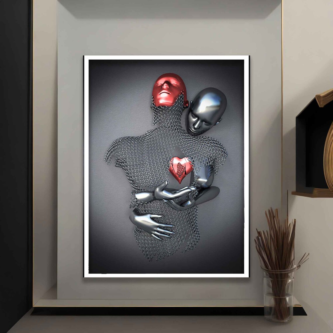 Red Heart Love Two Figures Chainmail Sculpture Couple Embrace Poster - Image 4