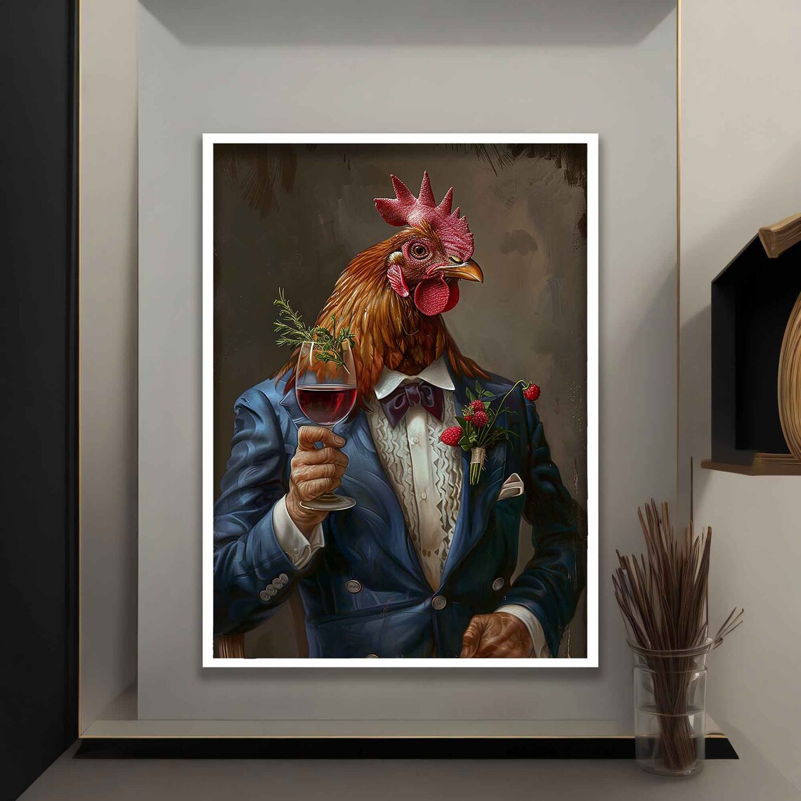 Anthropomorphic Chicken in Blue Suit, Wall Art Print - Image 4