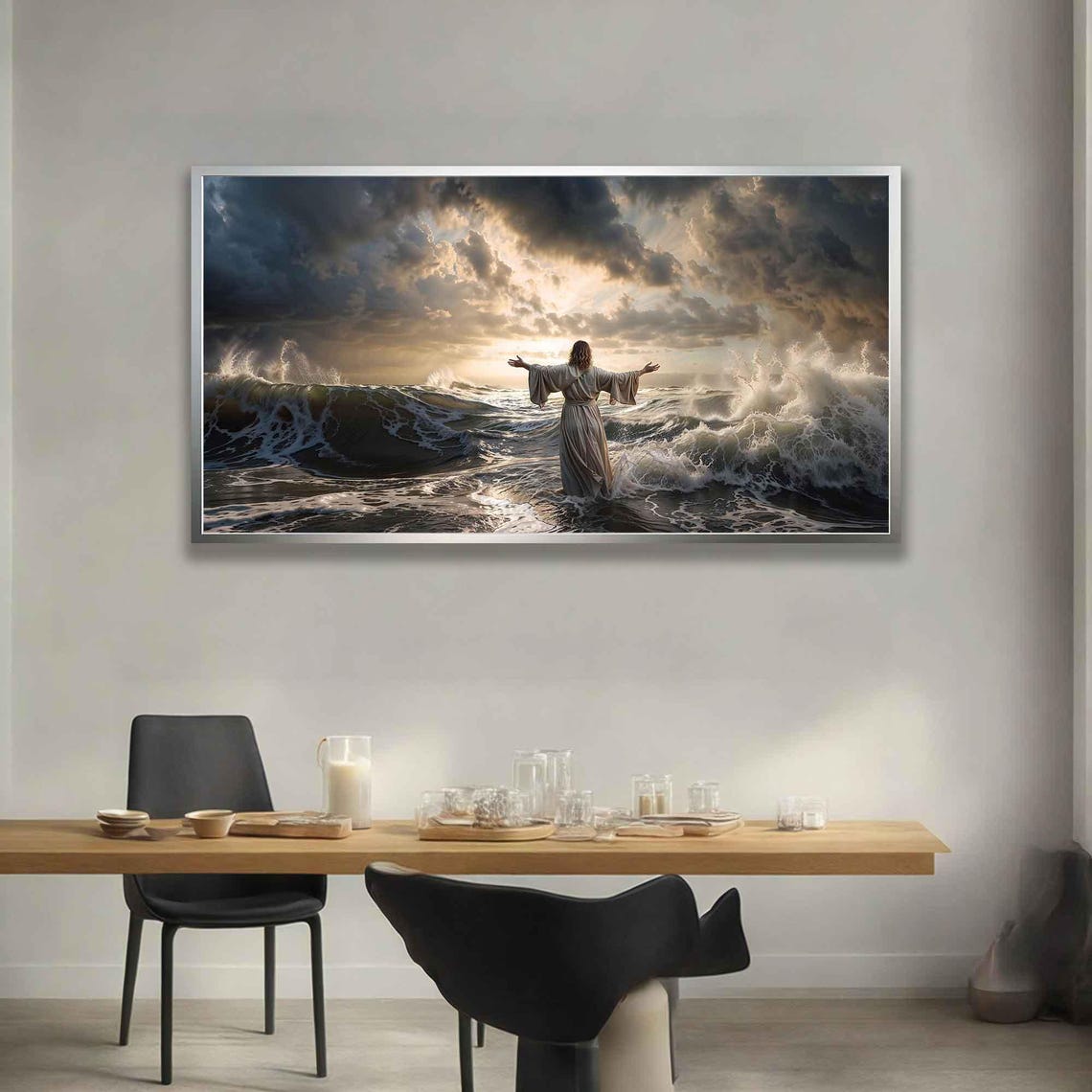 Jesus Calming Stormy Ocean Waves Arms Open Dramatic Sunset Art Poster - Image 4